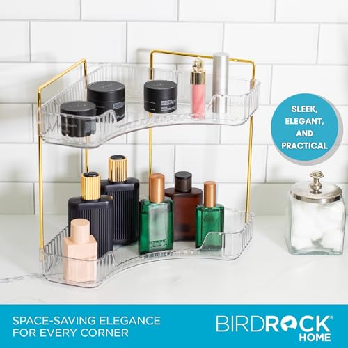 BIRDROCK HOME 2-Tier Corner Cosmetic Organizer - Clear Shelves with Gold Hardware, Easy Assembly, Durable Design for Makeup, Perfumes, and Self-Care Products