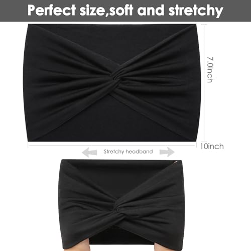 Extra Wide Headbands for Women, 7'' Large Cotton Like Turban Knotted Bandana Head Bands for Women Non Slip, Boho Headbands for Women's Hair (All Black-6Pcs, Extra Large 7" Wide)