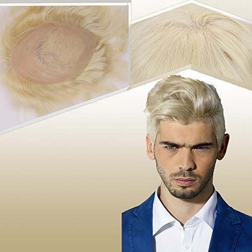 Men's Hairpiece Human Hair Replacement Systems Toupee for Men Thin Skin with Mono Lace Top and the Durable PU Back 10x8inch Medium Density Free Style #613 Platinum Blonde Color