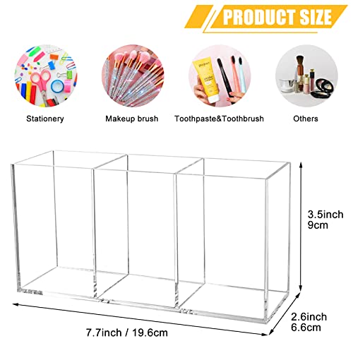 Clear Makeup Brush Organizer,Acrylic Cosmetic Brushes Storage Holder with 3 Slots,Pencil Pen Holder for Desk,Desk Organizer and Accessories for Vanity