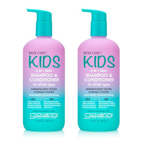 GIOVANNI Eco Chic Kids 2 in 1 Shampoo & Conditioner - For All Hair Types, Salon Quality, Gentle Formula - 16.5 Fl Oz (Pack of 2)