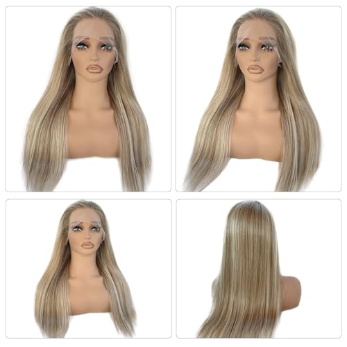 Ombre Blonde Lace Front Wig Human Hair for White Women Ash Brown Roots to Ash Blonde with White Platinum Highlights Glueless Wigs Human Hair Pre Plucked with Baby Hair 180% Density Straight 20 Inch