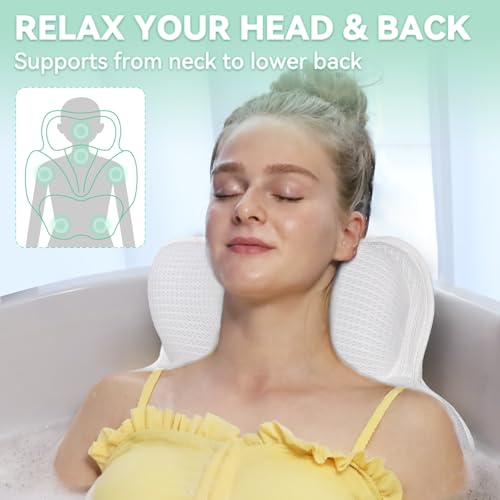 Bath Pillows for Tub - Luxury Bathtub Pillow Neck, Head, Back Support, Soft 4D Mesh Fabric and Non-Slip Suction Cups & Quick Dry, Fits All Tubs, Bath Soaking Accessories Spa Gifts, White