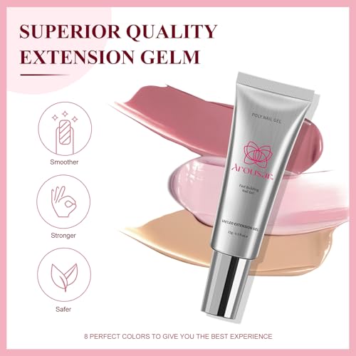 Poly Nail Gel Kit, 8 Colors Nail Extension Gel, White Nude Pink Glitter Builder Nail Gel with 2 Gel Polish, Base and Top Coat, Slip Solution, Nail Lamp DIY Salon at Home for Women