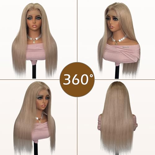 13x6 Transparent Lace Front Wigs Human Hair Ash Blonde Wig Human Hair 180% Density Ash Blonde Straight Lace Front Wigs for Black Women Pre Plucked Colored HD Lace Frontal Wig 26 Inch