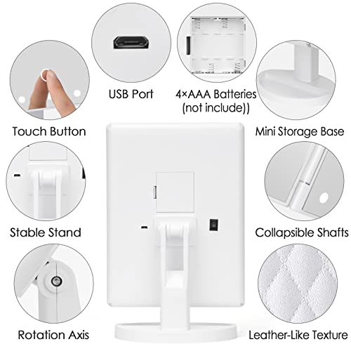 Makeup Mirror Vanity Mirror with Lights 1X 2X 3X 10X Magnification, Lighted Makeup Mirror, Touch Control, Tri-Fold Portable LED Makeup Vanity, Two Power Supply Modes, White