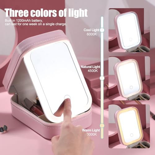 BS-MALL Travel Cosmetic Mirror Case LED Makeup Mirror Storage Case for Eyelash Station Brushes Cosmetic Tools Pink On-the-go Makeup Needs (Pink)
