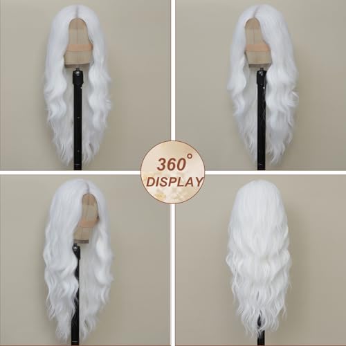 White Wig for Women, Long White Wavy Wig Middle Part 26 Inch Heat Resistant Synthetic Wigs for Daily Party Use