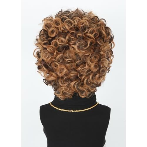Topcosplay 5Pcs Set 70s 80s Disco Wig for Men or Women Afro Wig with Glasses Necklace Moustache Short Curly Hippies Wigs Blonde Brown