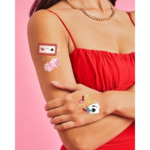 xo, Fetti Casino Temporary Tattoos - 50 Gold Foil | Bachelorette Decorations, Birthday Accessory, Las Vegas Bach Theme Favor, Game Night Bday Gift, Feeling Lucky Dice Decor, Girls Poker Party