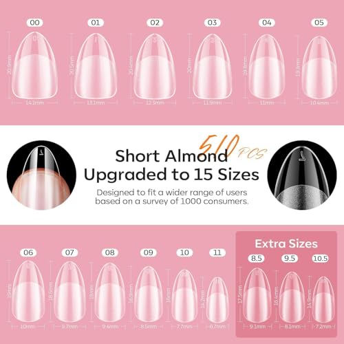 modelones Gel Nail Kit, Upgrade 15Sizes Pre-shaped Gel Nail Tips Short Almond Shape, 9-in-One Glue Prep Dehydrator & Portable Led Lamp, 510Pcs Press On Extension Kit Gift for Women