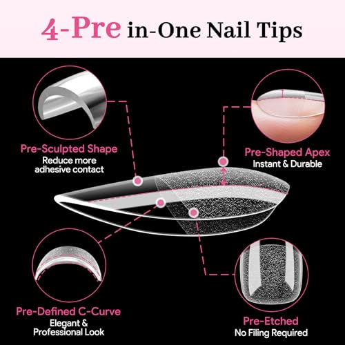 Short Almond Pre-Building Nail Tips, 15 Sizes 240 PCS Pre-shaped Apex Clear Soft Press On Fake Nail Half Matte Gel Nail Extensions Strong Thick Acrylic Tip for DIY Beginners & Salon Manicure