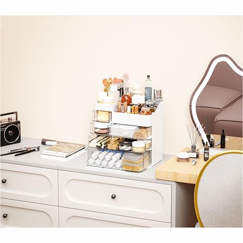 White Countertop Makeup Organizer with 6 Drawers,Large Capacity Skincare Organizers for Vanity,Desk,Dresser,Plastic Bathroom Counter Organizer for Beauty,Skin Care,Perfume,Make up Brush Organization
