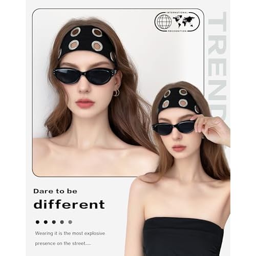 Grommet Headband for Women, Wide Black 20cm Hollow Out Elastic Hair Band, Eyelets Punk Grunge Stylish Hairband