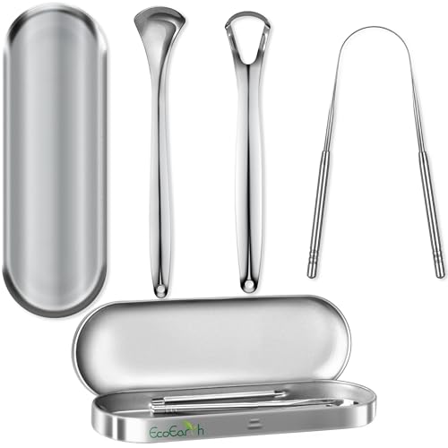 Tongue Scraper for Adults - 3 Pcs Metal Tongue Cleaner with Silver Storage Case - Tough Stainless Steel Mouth Scrubber for Fresh Breath & Oral Hygiene - by EcoEarth