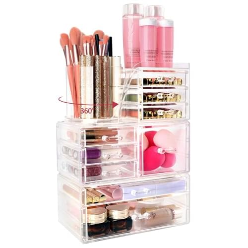 Clear Makeup Organizer with 9 Drawers & Rotating Brush Holder - Large Capacity Cosmetic Display Cases Storage for Vanity, Countertop, Bathroom, Lipstick and Skincare Organization