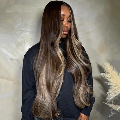 Ash Blonde Highlight Wig Human Hair 13x6 Body Wave Lace Front Wigs Human Hair Pre Plucked 180% Density Highlight Ombre Colored Wigs Glueless Hd Transparent Lace Frontal Wig for Women 26 Inch