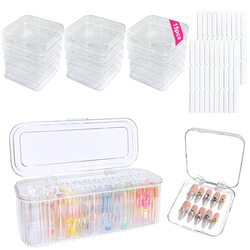Press On Nail Organizer Box Kit,15 PCS Clear Press On Nail Storage Boxes and 1 Large Container Box,60pcs Adhesive Tape, Fake Nail Organizer Display Case Press On Nail Packaging for Home Nail Salon Use