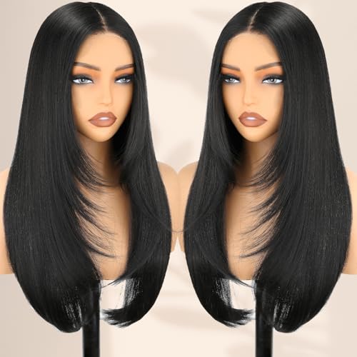 NOSTALGIA Black Wear and Go Glueless Wigs Straight Lace Front Wig Pre Cut Glueless Synthetic Layered Wig 24 Inch Middle Part Closure Wig For Women