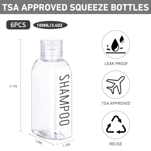 Travel Bottles for Toiletries 6 PCS 3.4oz/100ml Travel Size Containers Plastic Lotion Bottle TSA Approved Leak Proof Squeeze Bottles with Flip Cap for Toiletries, Shampoo & Lotion (Clear)