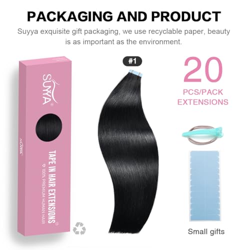 SUYYA Tape in Hair Extensions Human Hair Jet Black 28 Inch 60g/pack 20pcs Straight Seamless Skin Weft Tape in Real Human Hair Extensions(28inch #1 Jet Black)