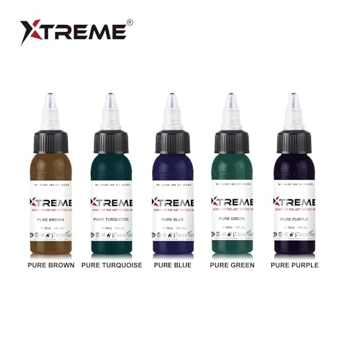 Xtreme Ink 5 Pure Color Set 1/2oz - Elevate Tattoo Art with Pure Blue, Green, Turquoise, Purple, and Brown Inks - Concentrated Tattoo Ink Collection for Stunning Designs (Set of 5, 1/2 oz)