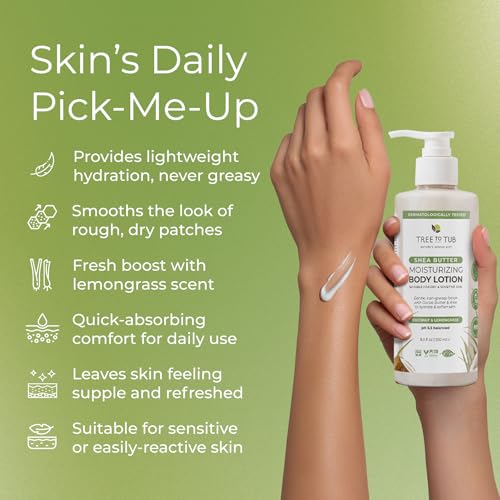 Tree to Tub Cocoa Butter Lotion for Sensitive Skin - Moisturizing Shea Butter Lotion for Extremely Dry Skin for Women & Men - Lemongrass & Coconut Body Cream w/Organic Aloe Vera, Colloidal Oatmeal