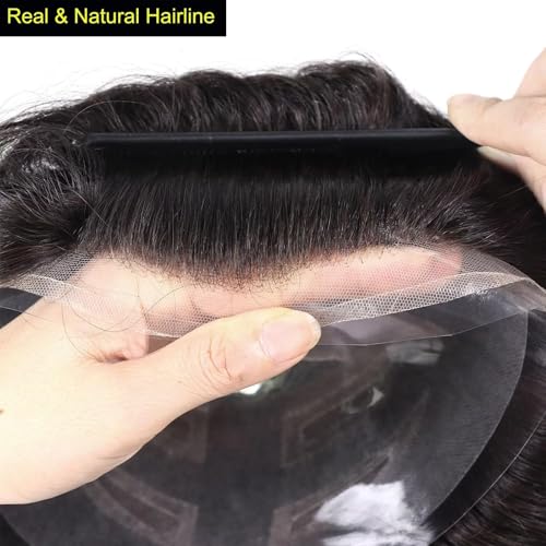 blazingfire Toupee Hair System for Men Human Hair Natural Hairline French Lace Front Mens Toupee Hairpieces Fine Mono Hair Prosthesis Replacement Male Toupee 8x10 Inch Off Black 1B with 10% Grey