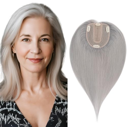 Human Hair Topper for Women with Thinning Hair, 4 Clips, Silk Base 3.94x4.72, No Front Bangs, 14 Inches Lengths, Grey Color, Achieve a Fuller, More Youthful Appearance