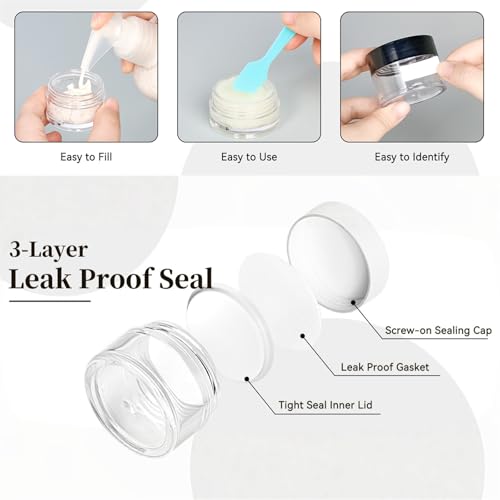 Premium Travel Size Containers for Toiletries, 3 Size 0.35/0.5/1 OZ Small Cosmetic Jars for Makeup Face Creams Lotion Moisturizer, 6 Pieces Jars with 2 Pieces Mini Spatulas