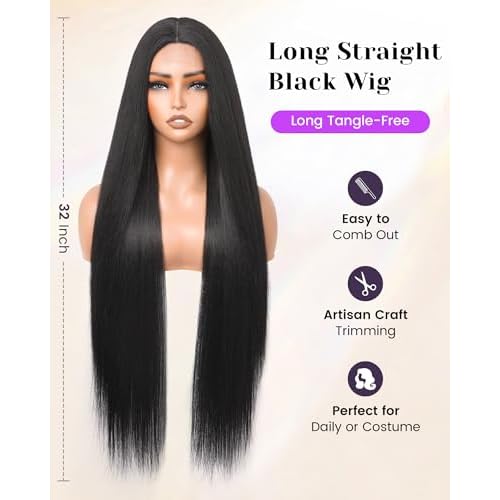 Long Straight Black Wigs for Women Glueless Synthetic Wig Middle Part 32 Inch