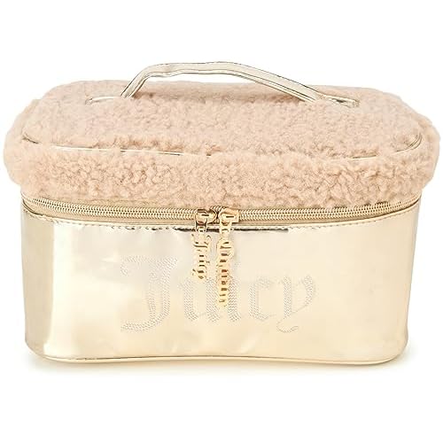 Juicy Couture Gold Makeup Bag Cosmetics Organizer Travel Essentials Train Case Shiny Rhinestones Faux Shearling