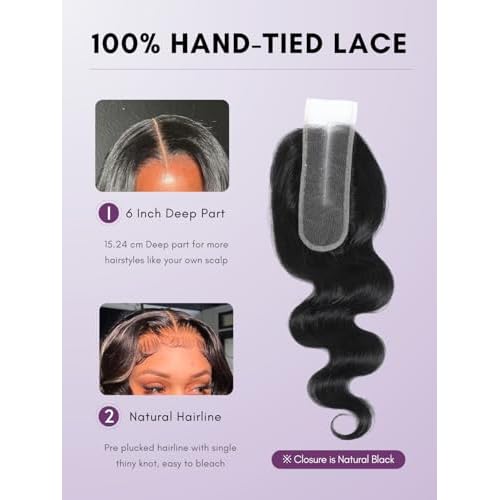 Black With Platinum Blond Highlight Bundles and 2x6 HD Lace Closure Body Wave Human Hair, 12A Balayage Ombre Skunk Stripe 3 Bundle With Long Deep Part Natural Black 2x6 Kim K Closure 12 14 16+10