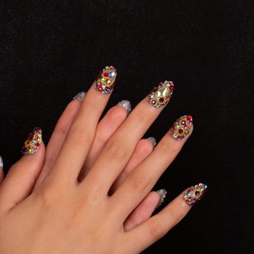LOVFUL Press on Nails Precious | Handmade with Full Covered Crystals | Reusable Fake Nails | Almond Short 0.8 in | H175-M