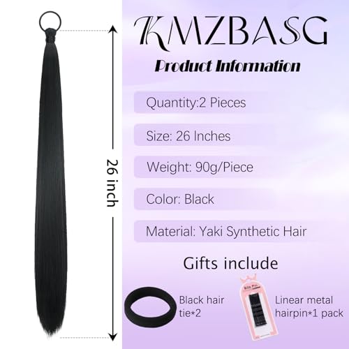 2 PCS Black Ponytail Extension with Hair Tie DIY Braided Ponytail Extension Warp Around Yaki Straight Sleek Hairpieces Light and Soft Fluffy Stayle Ponytail for Women Daily Party Use