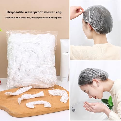 100 PCS Disposable Shower Caps Thickened Waterproof Hair Bath Caps for Women Men Girls Travel Spa Hotel Home Use Salon - Multi-Purpose Elastic Plastic Clear Shower Caps, Essentials Accessories(20.5")