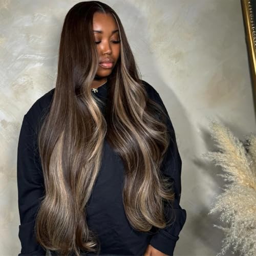 Ash Blonde Highlight Wig Human Hair 13x6 Body Wave Lace Front Wigs Human Hair Pre Plucked 180% Density Highlight Ombre Colored Wigs Glueless Hd Transparent Lace Frontal Wig for Women 26 Inch