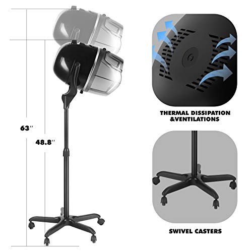 Artist hand Professional Hooded Hair Dryer for Women, Height Adjustable Floor Stand Up Hair Dryer with Wheels and Timer, Sit Under Hooded Dryer for Home Beauty Spa Salon Equipment