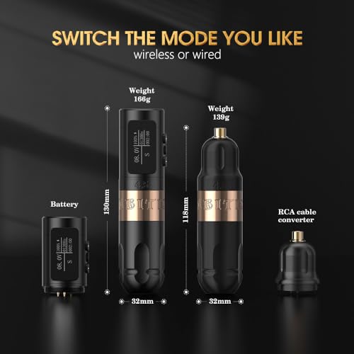 Ambition Vibe Wireless Tattoo Gun - Rotary Tattoo Machine Cartridge Battery Pen with Dual 1800mAh Power LED Digital Display Brushless Motor Tattoo Equipment for Tattoo Artists (4.5mm Stroke Gold)