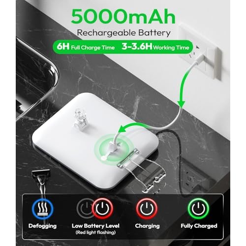 Lighted Shower Mirror Fogless for Shaving with Light, 5000mAh Heated Fogless Mirror for Shower, Detachable Razor Holder and Suction Cup for Wall, NO-Drilling, Waterproof for Bathroom (White)