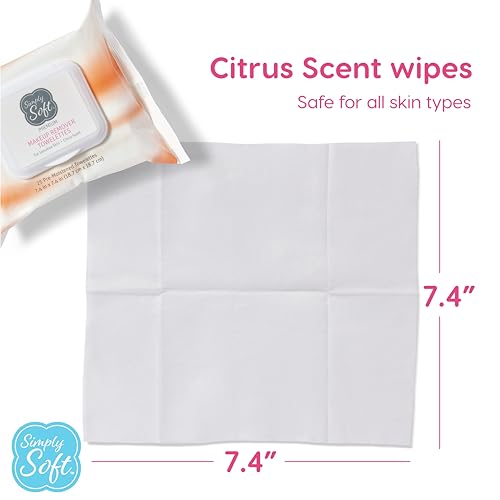 Simply Soft Premium Makeup Remover Towelettes 50 Wipes (2 packs of 25 wipes), Citrus Scent Makeup Wipes, Hypoallergenic & pH Balanced Sensitive Skin Cleansing Face Wipes, Non-greasy