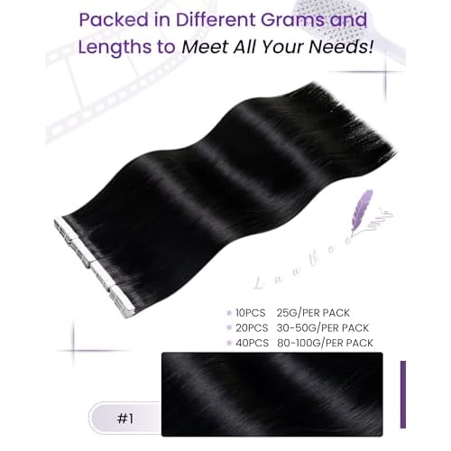 LaaVoo Jet Black Hair Extensions Tape in Real Hair Tape in Hair Extensions Human Hair Invisible Tapes on Human Hair Extensons Silky Straight Hair 24inch 100g 40 Pieces