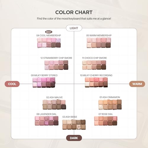 lilybyred Mood keyboard eyeshadow palette | Soft neutral ash color, Long-Wearing, glitter, Clear watercolor | Palette With Easy Color Matching For All | K-beauty (04#Cool membership)