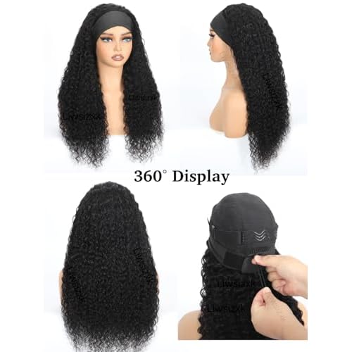 28inch Water Wave Headband Wig Human Hair Curly Drawstring Headband Wigs Human Hair Wear and Go Glueless Wigs for Black Women 220 Density None Lace Front Wigs Natural Color