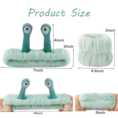 SuPoo 3pcs Snail Face Wash Headband and Wristband Set, Green, Puffy Microfiber Fleece Material, Cute Wrist Towels, for Spa, Sports, Yoga, Face-Washing, Makeup and Shower