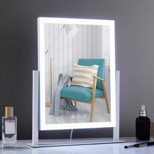 HIEEY Lighted Makeup Mirror, Hollywood Vanity Mirror with Lights, Three Color Lighting Modes, and 5X Magnification Mirror, Smart Touch Control, 360¡ÆRotation (17.3in,White,Gift Box)
