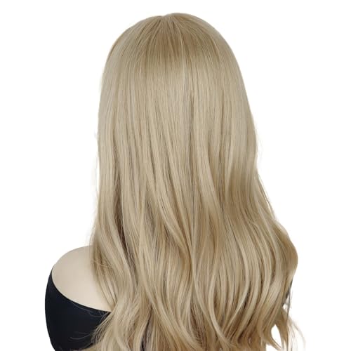 GNIMEGIL 24 Inch Long Blonde Wig With Bangs 24 Inch Long Wavy Wig For Women Bouncy And Shiny Synthetic Blonde Hair Wigs Natural Look Daily Cosplay Party Halloween