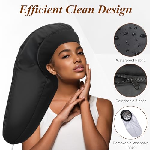 Heated Cap for Deep Conditioning: Upgraded Extra Large 10-Level Fast Heating 3 Time Settings Hair Steamer Cap for Natural Black Hair Portable Thermal Steam Cap for Home Hair Treatment - Black