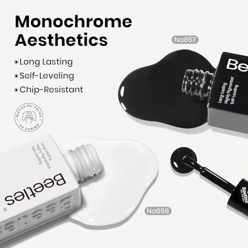 Beetles Black White Gel Nail Polish Kit - 2 Colors Hema Free Soak Off UV Gel Polish Set Same Color Same Bottle Design Manicure Salon DIY at Home for Women