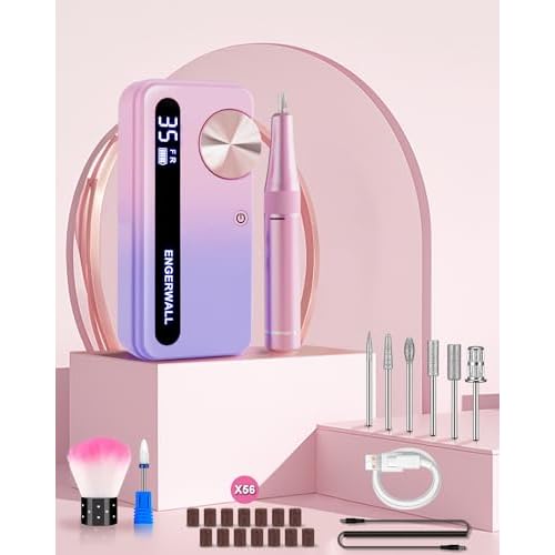 ENGERWALL Rechargeable Nail Drill 35,000 RPM, Portable Cordless Electric Nail File for Acrylic, Gel Nails, Polishing & Removal, with Nail Drill Bits Kit for Manicure & Pedicure, Pink-Blue